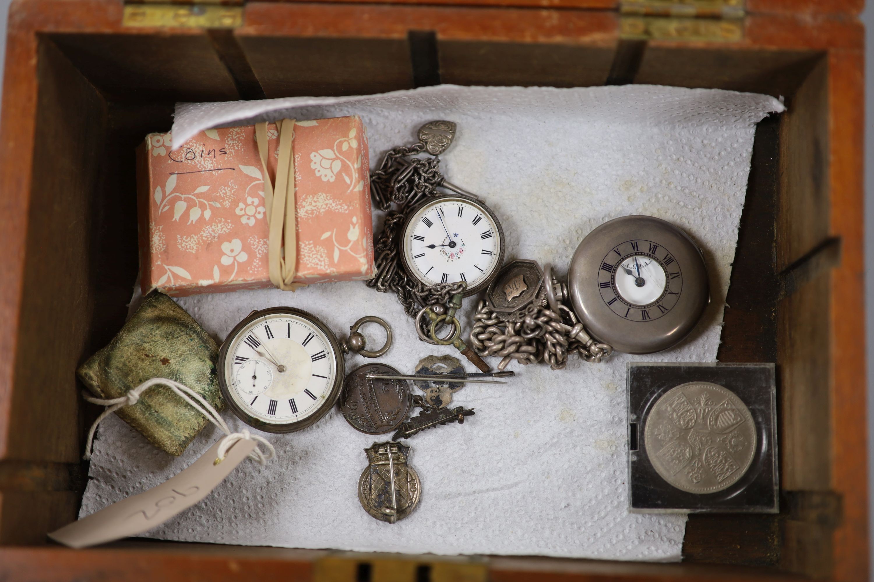 Various pocket watches including a 935 fob watch, together with a silver albert, medals coins and brooches.